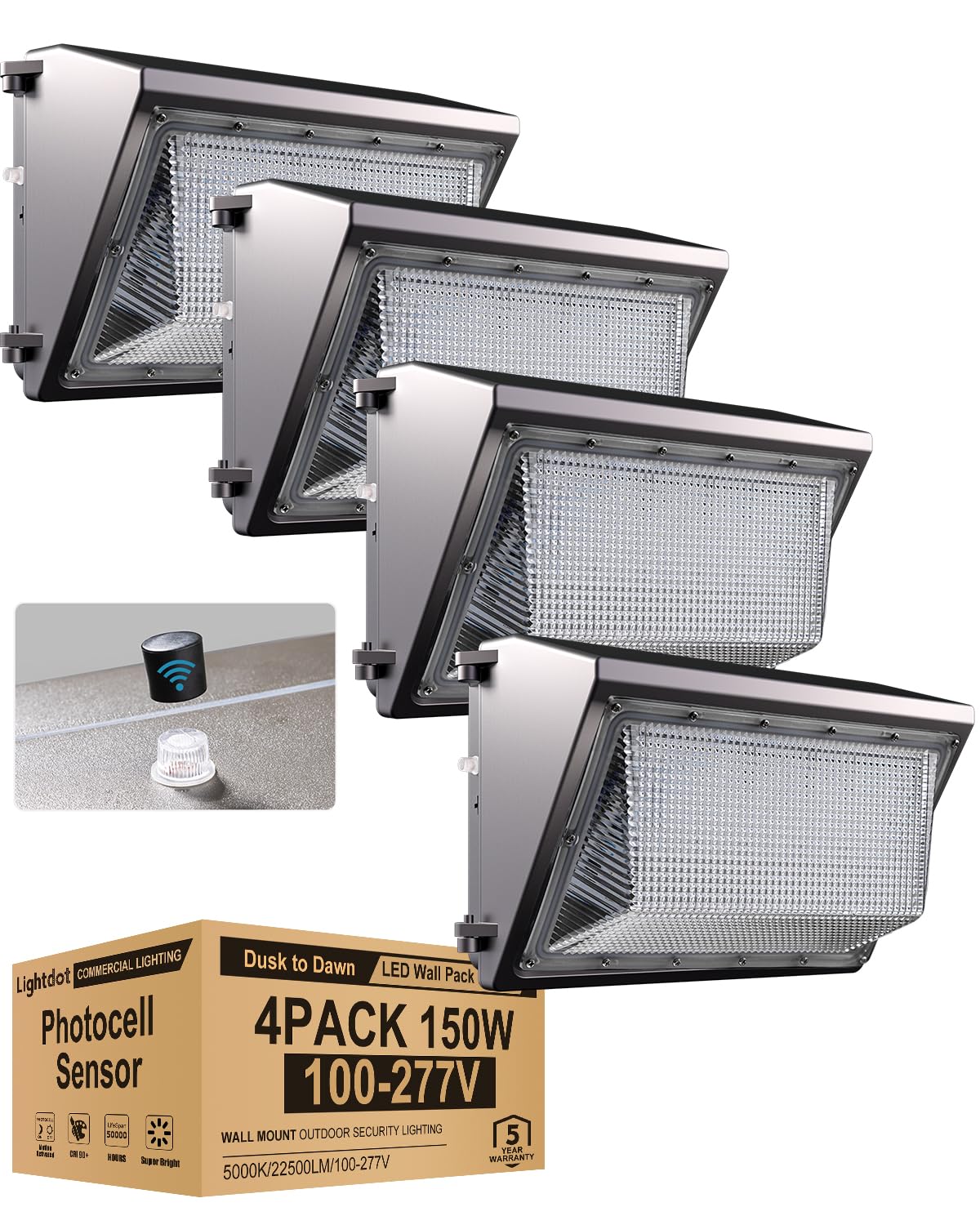 Lightdot 150W LED Wall Pack Lights with Photocell IP65 Outdoor Flood Security Lighting