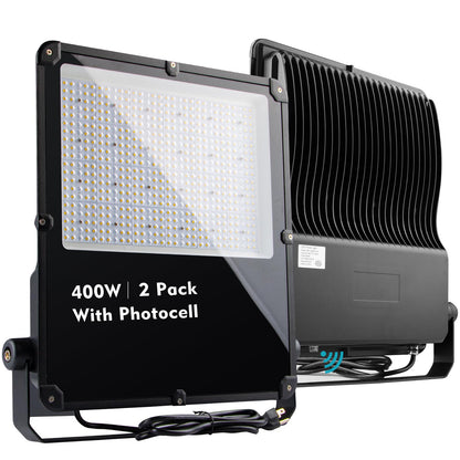 400W LED Flood Light Outdoor 5000K 60000Lm (2000W Eqv.) Led Stadium Light with Dusk to Dawn photocell, IP65 Waterproof Commercial Area Lighting with 5FT Plug for Backyard/Basketball Court-2Pack