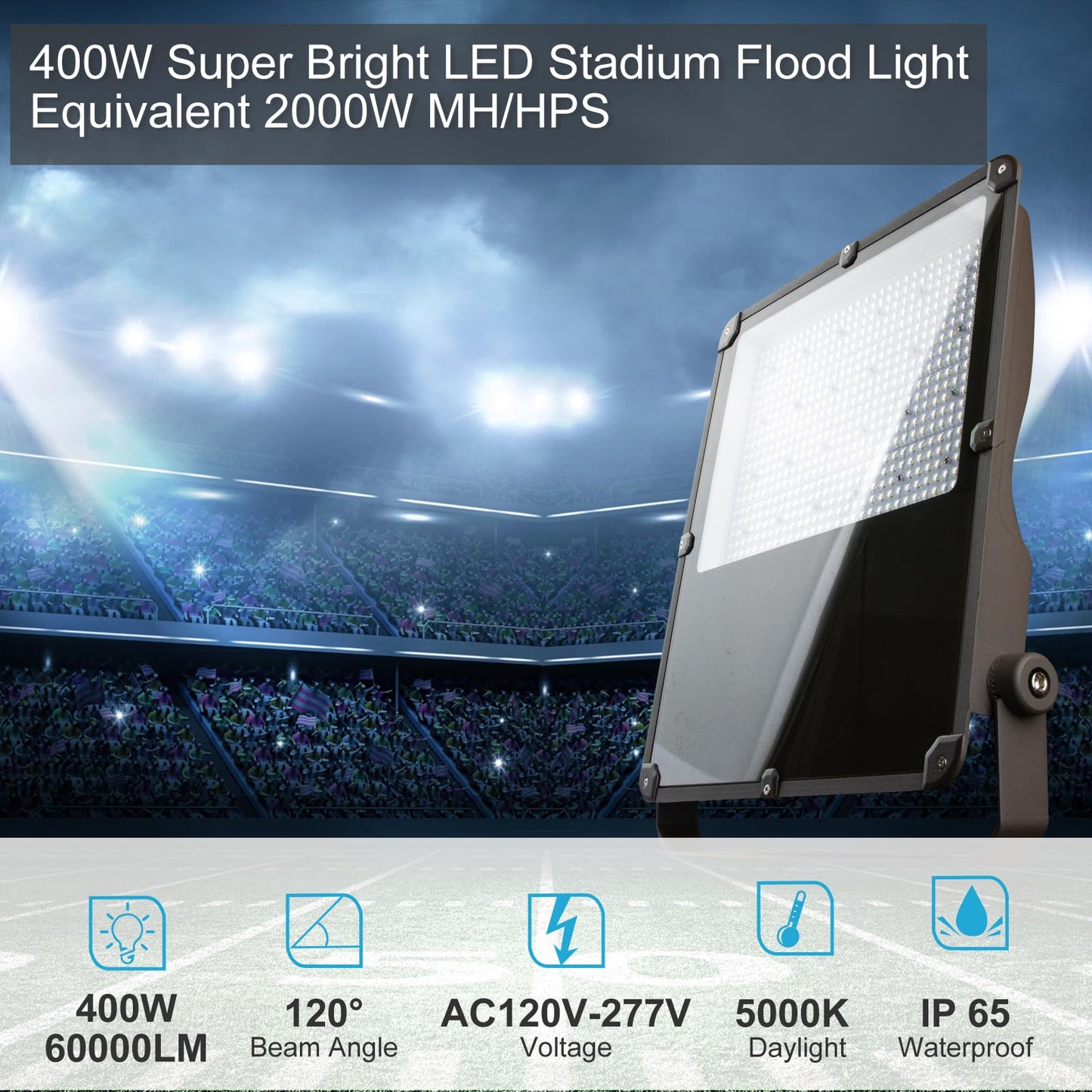 400W LED Flood Light Outdoor 5000K 60000Lm (2000W Eqv.) Led Stadium Light with Dusk to Dawn photocell, IP65 Waterproof Commercial Area Lighting with 5FT Plug for Backyard/Basketball Court-2Pack