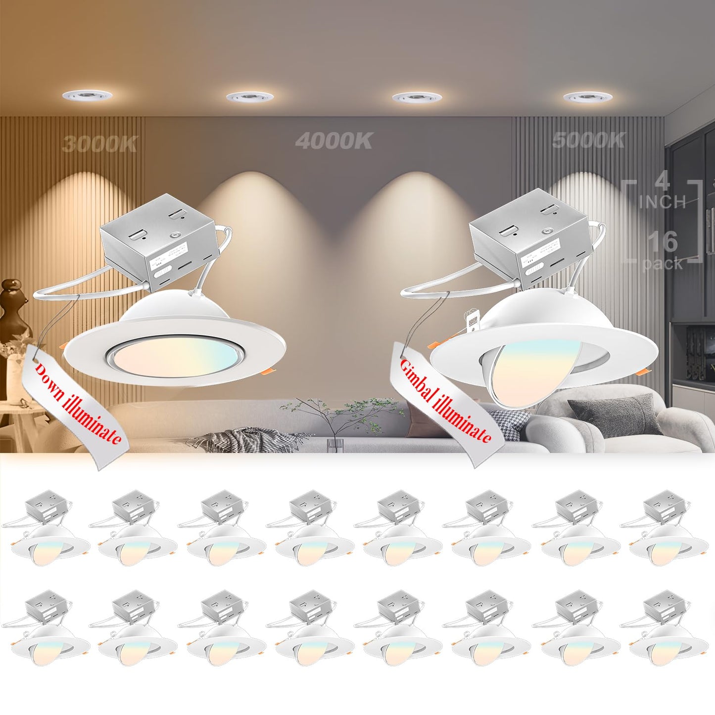 4 Inch Gimbal Led Recessed Light, Adjustable Angled Recessed Can Lighting 3000K/4000K/5000K Dimmable