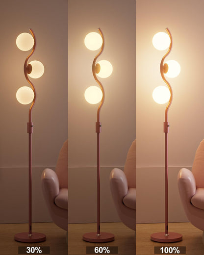 Lightdot 60IN Dimmable (Brightness Adjustable) Pink Floor Lamp, Mid Century Standing Lamps with 3 Globe Soft Warm White Eye Care 3000K Bulbs Included, Modern Tall Lamp for Bedroom Office