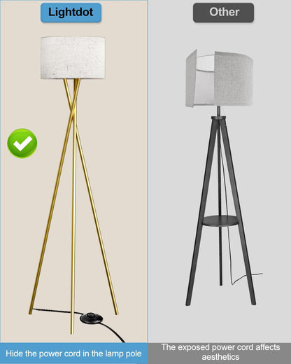 Lightdot Gold Tripod Floor Lamp, Modern Floor Lamp for Living Room, Standing Lamp with Linen Shade, E26 Bulb Included, 66" Tall Floor Lamp for Bedroom, Home Office