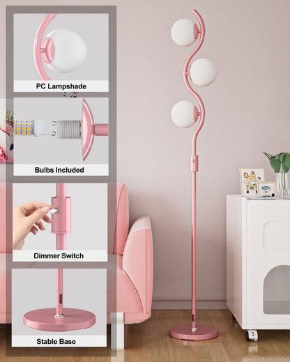 Lightdot 60IN Dimmable (Brightness Adjustable) Pink Floor Lamp, Mid Century Standing Lamps with 3 Globe Soft Warm White Eye Care 3000K Bulbs Included, Modern Tall Lamp for Bedroom Office