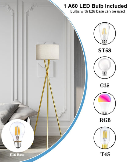 Lightdot Gold Tripod Floor Lamp, Modern Floor Lamp for Living Room, Standing Lamp with Linen Shade, E26 Bulb Included, 66" Tall Floor Lamp for Bedroom, Home Office