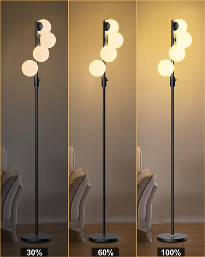 Lightdot 64IN Dimmable (Brightness Adjustable) Globe Floor Lamp, Black Standing Lamps with 4PCS 3000K G9 Bulbs Soft Warm White Eye Care, Mid Century Modern Floor Lamp for Living Room