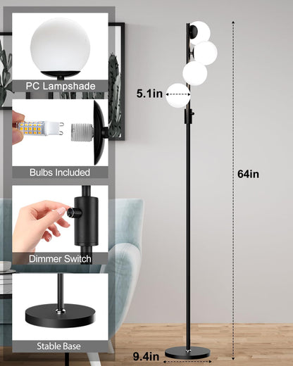 Lightdot 64IN Dimmable (Brightness Adjustable) Globe Floor Lamp, Black Standing Lamps with 4PCS 3000K G9 Bulbs Soft Warm White Eye Care, Mid Century Modern Floor Lamp for Living Room