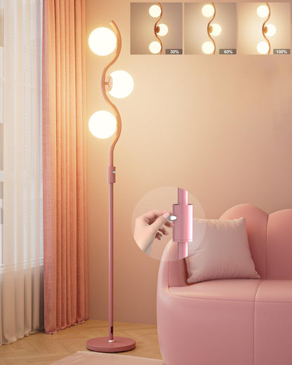 Lightdot 60IN Dimmable (Brightness Adjustable) Pink Floor Lamp, Mid Century Standing Lamps with 3 Globe Soft Warm White Eye Care 3000K Bulbs Included, Modern Tall Lamp for Bedroom Office