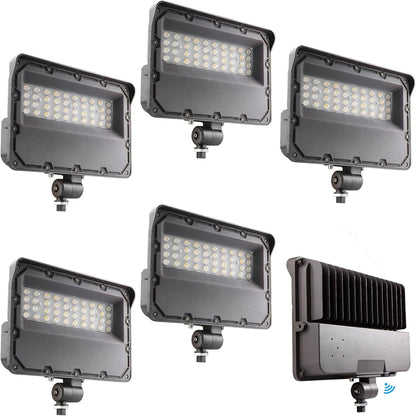 Lightdot 2Pack 150W LED Flood Light Outdoor with Knuckle, 100-277V【Driver Equipped, 5 Years】 IP65 Waterproof 21000LM, 5000K Daylight [Eqv. to 600HPS/WH] Dusk to Dawn Photocell Sensor-Brown