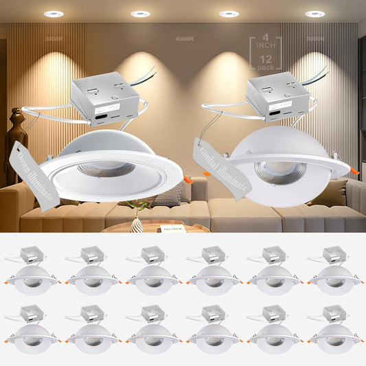 Lightdot Gimbal LED Recessed Lighting 4 inch, 140lm/w (high efficency) Dimmable 4 inch Recessed Lights, 360°Rotation Canless Lighting, CRI90 3000K/4000K/5000K Selectable Eyeball Lights-12Pack ETL