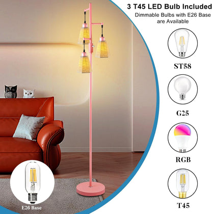 Lightdot Dimmable Classical Floor Lamp, Pink Corner Tree Floor Lamp, E26 LED Edision Bulbs Included, 3-Light Tall Pole Standing Lamp,Mid Century Modern Decor for Living Room Bedroom Home Decor