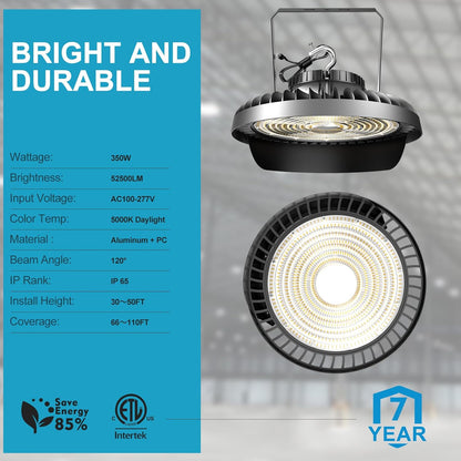 Lightdot LED High Bay Light 350W 52500lm UFO Lights with Reflector (Reduce Light Loss, Can Be Removed), AC100-277V High Bay LED Shop Light with U Bracket & US Hook Mount for Warehouse/Stadium-4Pack