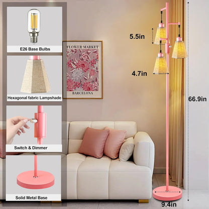 Lightdot Dimmable Classical Floor Lamp, Pink Corner Tree Floor Lamp, E26 LED Edision Bulbs Included, 3-Light Tall Pole Standing Lamp,Mid Century Modern Decor for Living Room Bedroom Home Decor