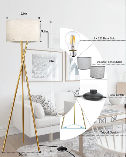 Lightdot Gold Tripod Floor Lamp, Modern Floor Lamp for Living Room, Standing Lamp with Linen Shade, E26 Bulb Included, 66" Tall Floor Lamp for Bedroom, Home Office