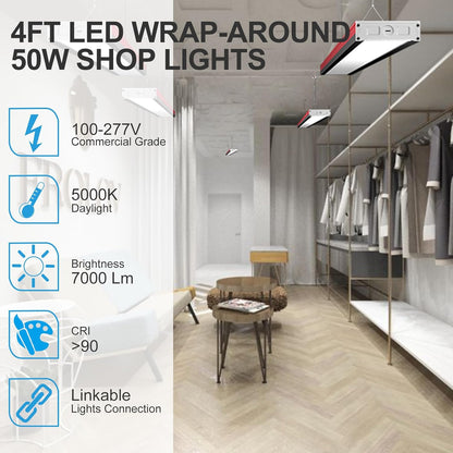 Lightdot 4FT-5IN LED Wraparound Shop Lights, 【Driver Equipped, 5 Years】 50W 4FT LED Shop Light Fixtures for Garage Workshop, 7000LM [Eqv. 400W] 5000K, Fluorescent Light Replacement