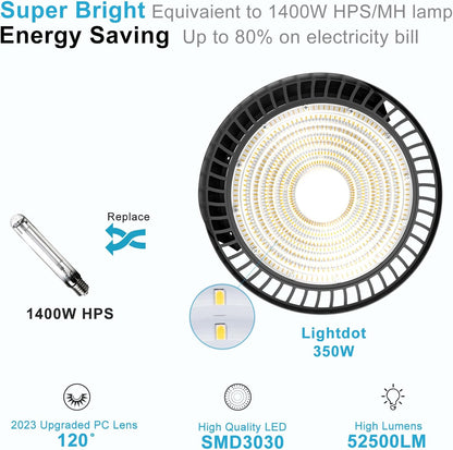 Lightdot LED High Bay Light 350W 52500lm UFO Lights with Reflector (Reduce Light Loss, Can Be Removed), AC100-277V High Bay LED Shop Light with U Bracket & US Hook Mount for Warehouse/Stadium-4Pack