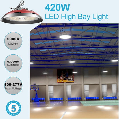 Lightdot 420W(520x1W Chip) High Bay LED Lights 63000lm UFO Lights 5000K High Bay LED Shop Lights AC100-277V LED High Bay Lights for 30-50FT Warehouse Lights-4Pack