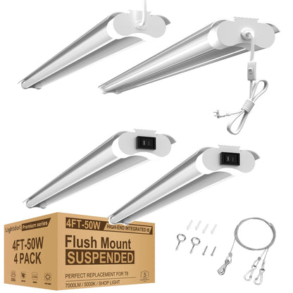 Lightdot Linkable LED Shop Light 4FT, 4 Pack Garage Lights with On/Off Switch, 50W 7000LM, 5000K White