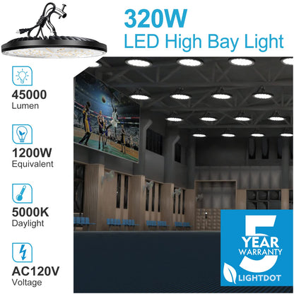 Lightdot 320W LED High Bay Light 45000lm (Eqv.1200W MH/HPS) UFO High Bay LED Light, 5000K Daylight High Bay Shop Light with US Plug for Garage/Barn, Energy Saving Upto 2200KW*2/Y(5Hrs/Day)