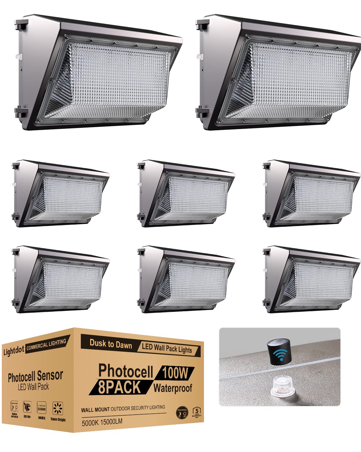 Lightdot 100W LED Wall Pack Lights, 100-277v Dusk to Dawn with Photocell, 15000Lm 5000K Daylight IP65 Waterproof Wall Mount Outdoor Security Lighting Fixture, Energy Saving