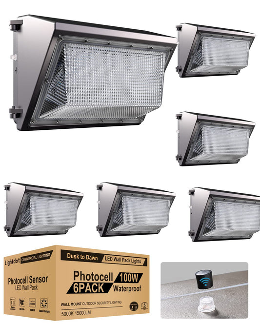 Lightdot 100W LED Wall Pack Lights, 100-277v Dusk to Dawn with Photocell, 15000Lm 5000K Daylight IP65 Waterproof Wall Mount Outdoor Security Lighting Fixture, Energy Saving