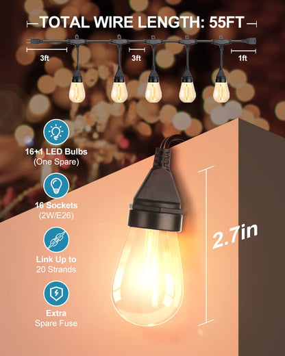 Lightdot 96FT (2x48FT) Outdoor String Lights, 30+2 Shatterproof LED Bulbs String Patio Lights