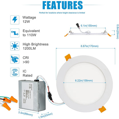 LED Recessed Lighting 6 inch  3CCT 3000K/4000K/5000K LED Can Lights Dimmable Resseced Light Fixtures