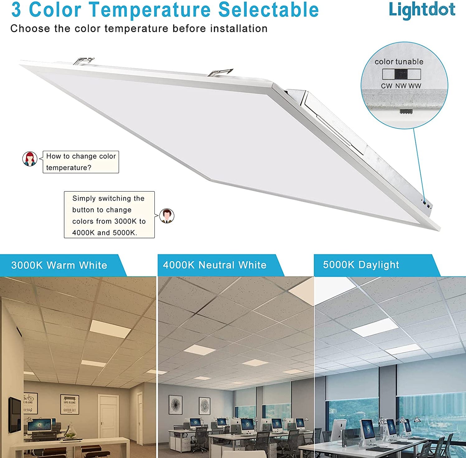 Lightdot 2x4 Led Flat Panel Light,CRI90 3CCT 3000K/4000K/5000K Dimmabl