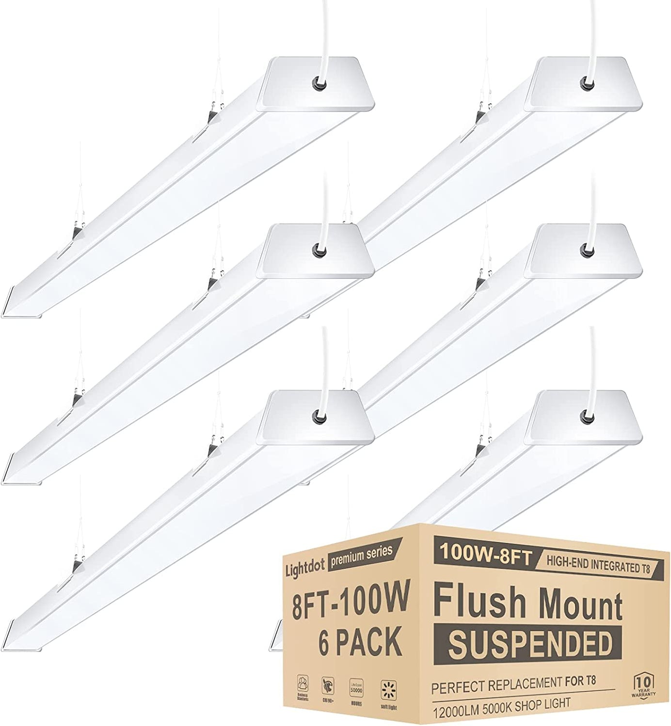 Lightdot Compact 8 Foot LED Shop Lights 100W 12000Lm 6 Lamp T8 Tube L   8ftledshoplight 4pack 1385x1498 