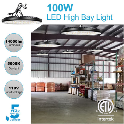 Lightdot 100W UFO LED High Bay Light for Warehouse 5000K Daylight,ETL Listed High Bay LED Lights with Plug Energy Saving Up to 760KW*6/Y(5Hrs/Day)