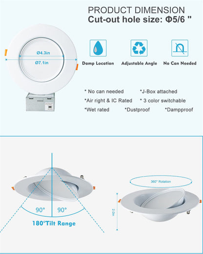 5/6 Inch  Gimbal Adjustable (Aim The Light in Any Direction)Rotated Dimmable Recessed Focused Can Light